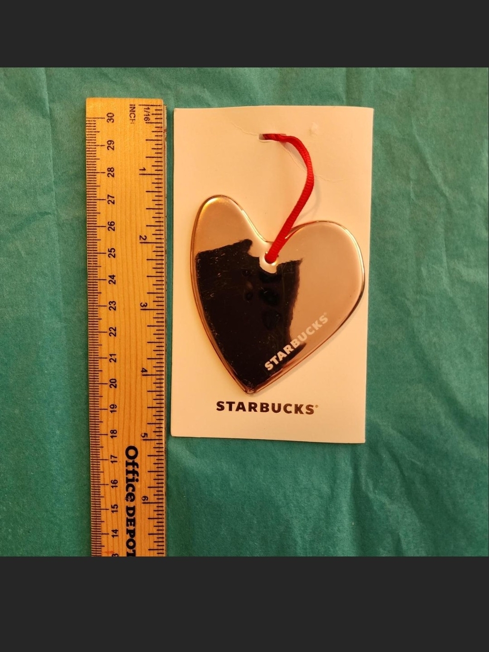 Starbucks Gold Heart Ornament with Red Cord Accent